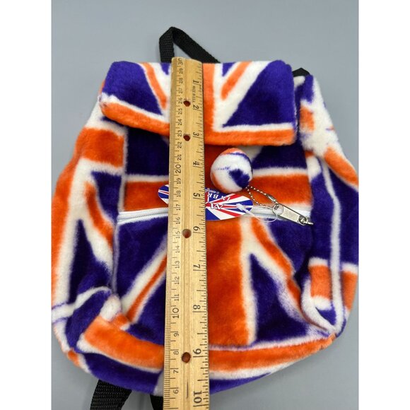 Union Jack Plush Backpack Zipper Pocket Small Pom Pom Key Ring Adjustable - Picture 10 of 16